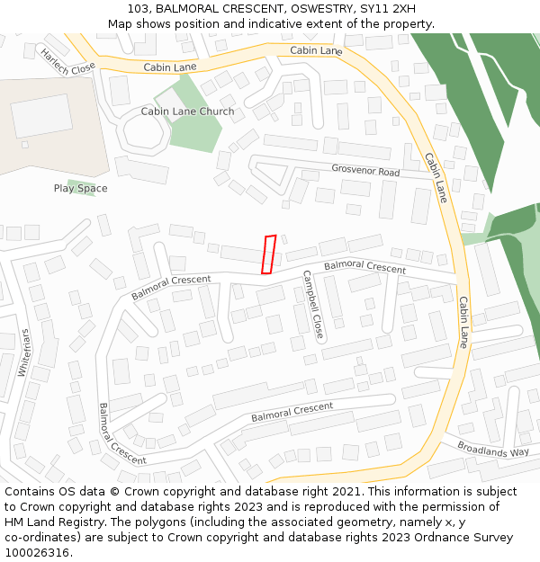 103, BALMORAL CRESCENT, OSWESTRY, SY11 2XH: Location map and indicative extent of plot