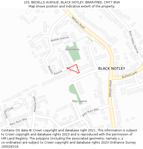 103, BEDELLS AVENUE, BLACK NOTLEY, BRAINTREE, CM77 8NA: Location map and indicative extent of plot