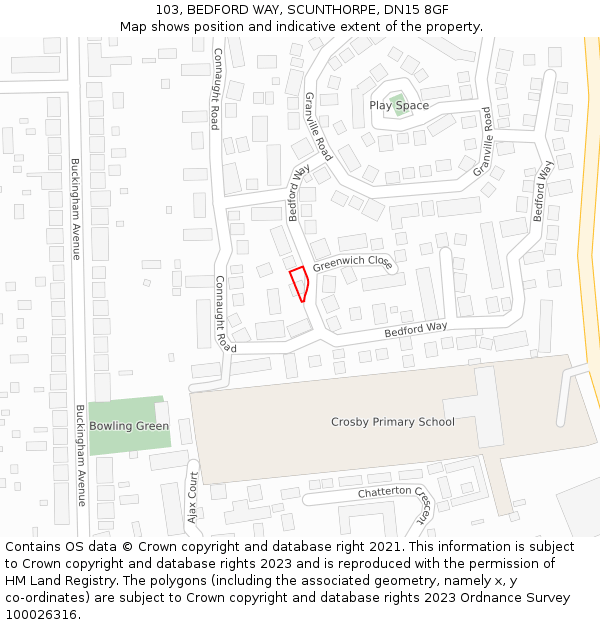 103, BEDFORD WAY, SCUNTHORPE, DN15 8GF: Location map and indicative extent of plot