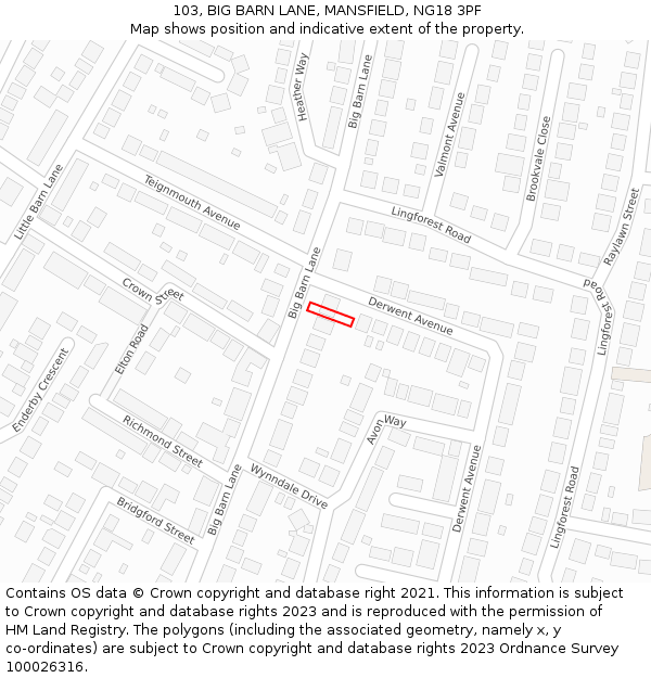 103, BIG BARN LANE, MANSFIELD, NG18 3PF: Location map and indicative extent of plot