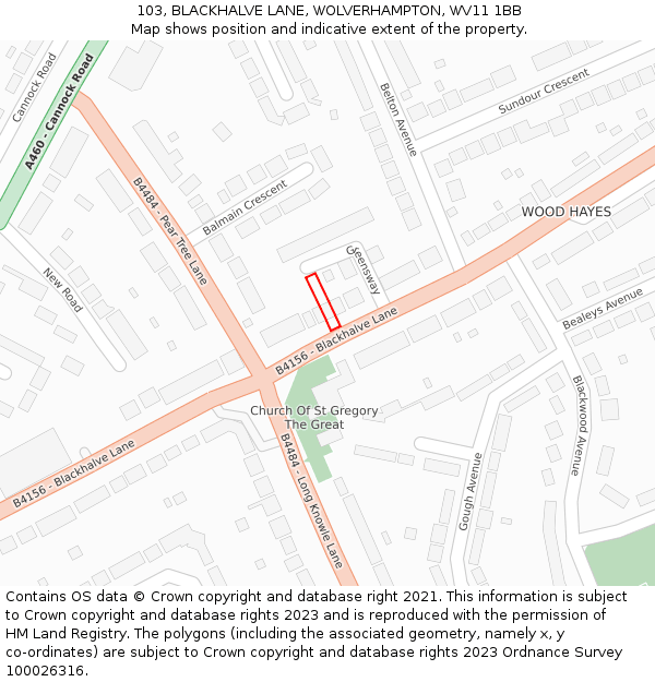 103, BLACKHALVE LANE, WOLVERHAMPTON, WV11 1BB: Location map and indicative extent of plot