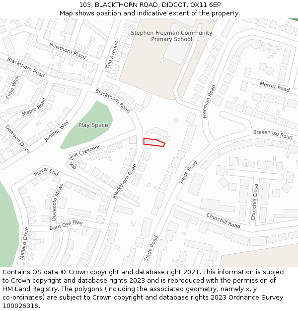 103, BLACKTHORN ROAD, DIDCOT, OX11 6EP: Location map and indicative extent of plot