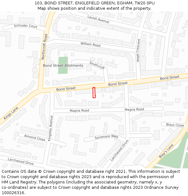 103, BOND STREET, ENGLEFIELD GREEN, EGHAM, TW20 0PU: Location map and indicative extent of plot