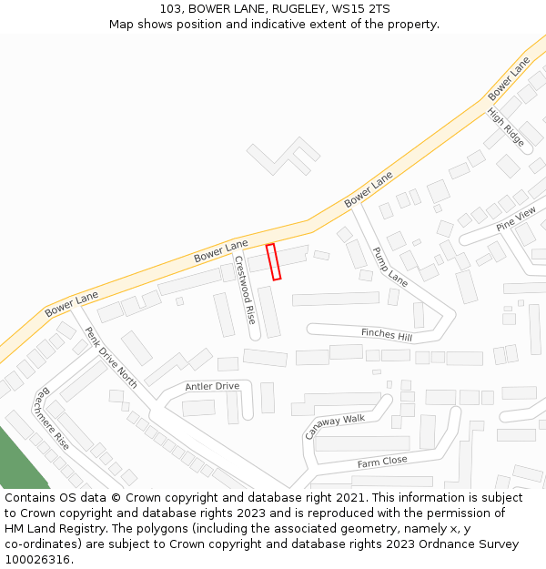 103, BOWER LANE, RUGELEY, WS15 2TS: Location map and indicative extent of plot