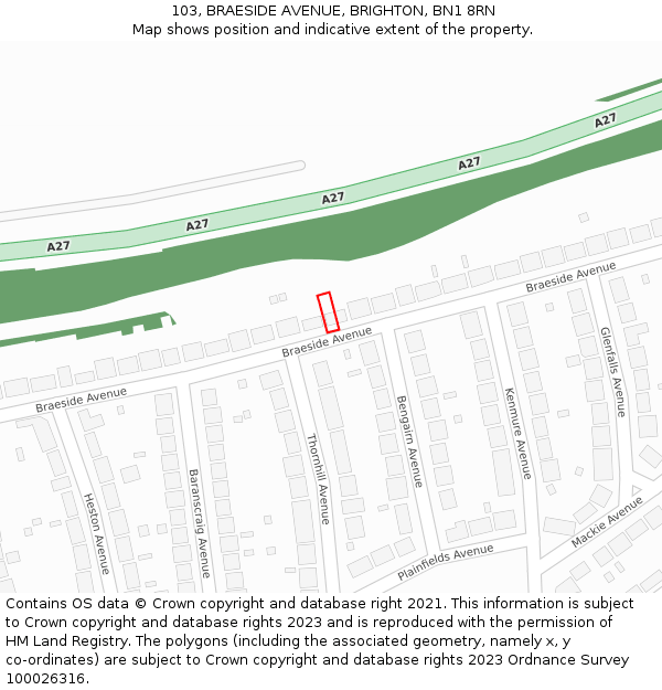 103, BRAESIDE AVENUE, BRIGHTON, BN1 8RN: Location map and indicative extent of plot