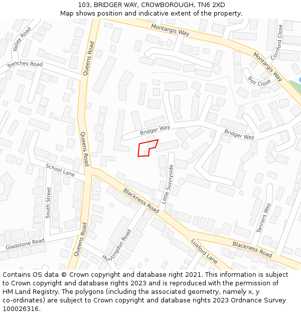 103, BRIDGER WAY, CROWBOROUGH, TN6 2XD: Location map and indicative extent of plot