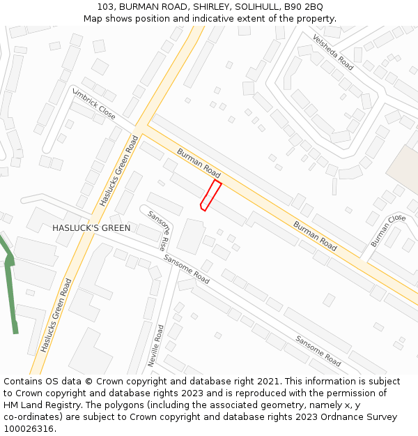 103, BURMAN ROAD, SHIRLEY, SOLIHULL, B90 2BQ: Location map and indicative extent of plot