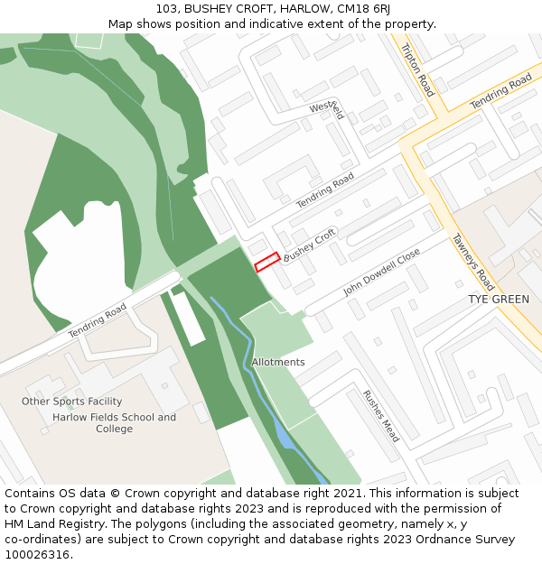 103, BUSHEY CROFT, HARLOW, CM18 6RJ: Location map and indicative extent of plot