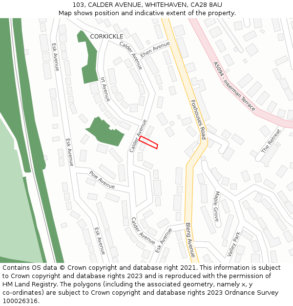 103, CALDER AVENUE, WHITEHAVEN, CA28 8AU: Location map and indicative extent of plot