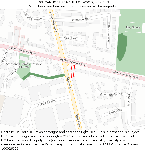 103, CANNOCK ROAD, BURNTWOOD, WS7 0BS: Location map and indicative extent of plot