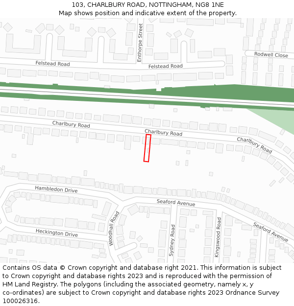 103, CHARLBURY ROAD, NOTTINGHAM, NG8 1NE: Location map and indicative extent of plot