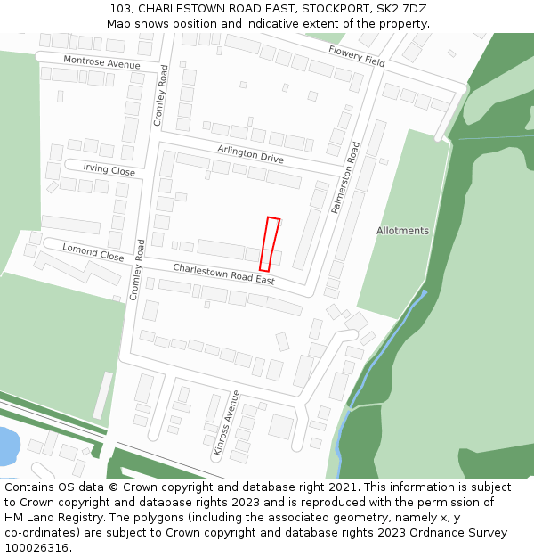 103, CHARLESTOWN ROAD EAST, STOCKPORT, SK2 7DZ: Location map and indicative extent of plot