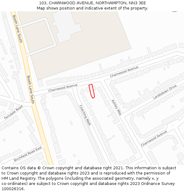 103, CHARNWOOD AVENUE, NORTHAMPTON, NN3 3EE: Location map and indicative extent of plot