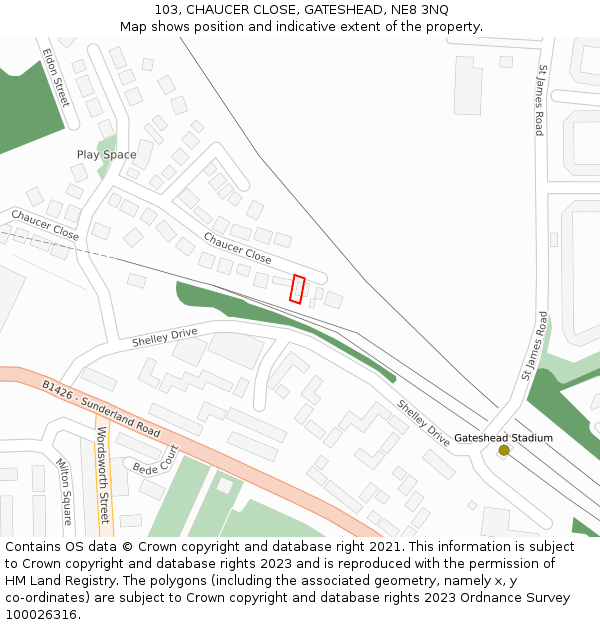 103, CHAUCER CLOSE, GATESHEAD, NE8 3NQ: Location map and indicative extent of plot