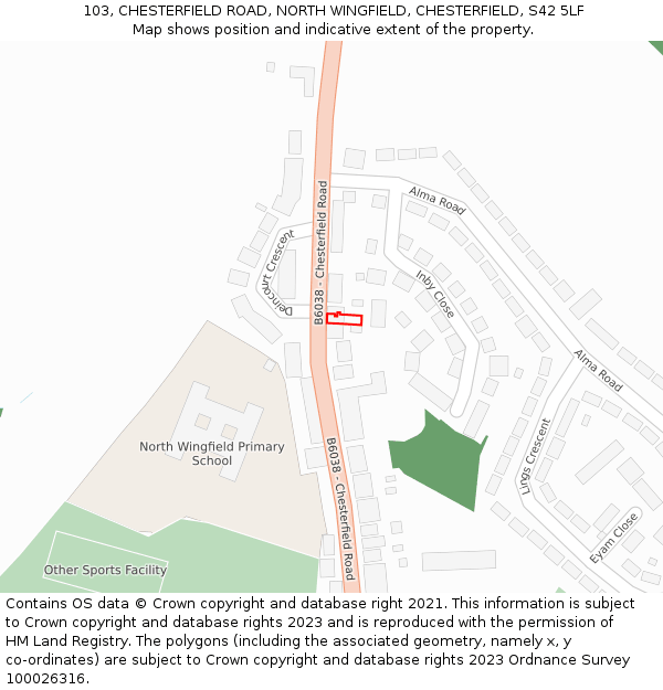 103, CHESTERFIELD ROAD, NORTH WINGFIELD, CHESTERFIELD, S42 5LF: Location map and indicative extent of plot