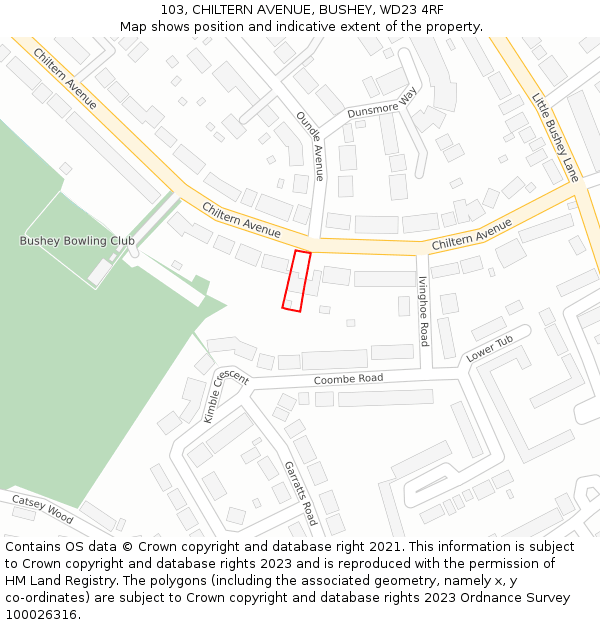 103, CHILTERN AVENUE, BUSHEY, WD23 4RF: Location map and indicative extent of plot