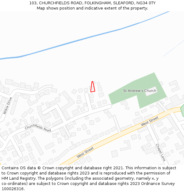 103, CHURCHFIELDS ROAD, FOLKINGHAM, SLEAFORD, NG34 0TY: Location map and indicative extent of plot