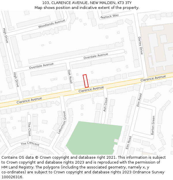 103, CLARENCE AVENUE, NEW MALDEN, KT3 3TY: Location map and indicative extent of plot