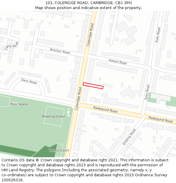 103, COLERIDGE ROAD, CAMBRIDGE, CB1 3PN: Location map and indicative extent of plot