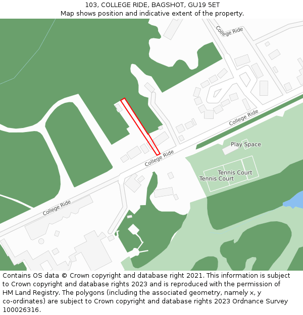 103, COLLEGE RIDE, BAGSHOT, GU19 5ET: Location map and indicative extent of plot