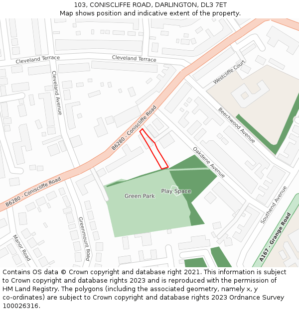 103, CONISCLIFFE ROAD, DARLINGTON, DL3 7ET: Location map and indicative extent of plot