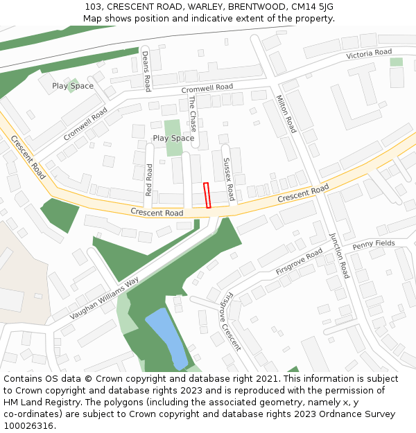 103, CRESCENT ROAD, WARLEY, BRENTWOOD, CM14 5JG: Location map and indicative extent of plot