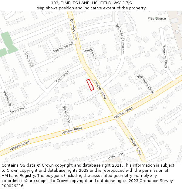 103, DIMBLES LANE, LICHFIELD, WS13 7JS: Location map and indicative extent of plot
