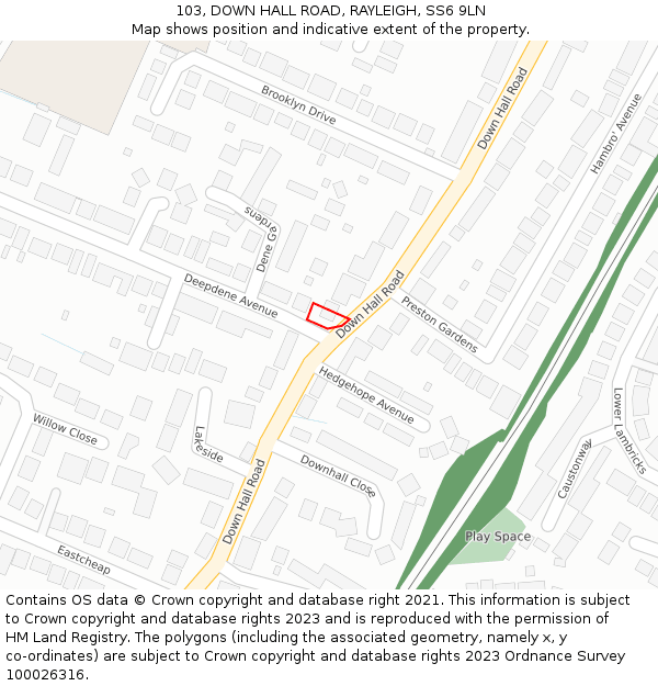 103, DOWN HALL ROAD, RAYLEIGH, SS6 9LN: Location map and indicative extent of plot