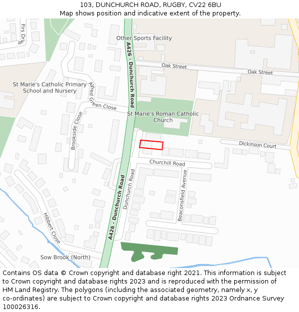 103, DUNCHURCH ROAD, RUGBY, CV22 6BU: Location map and indicative extent of plot