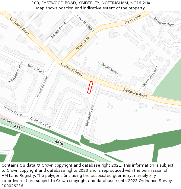 103, EASTWOOD ROAD, KIMBERLEY, NOTTINGHAM, NG16 2HX: Location map and indicative extent of plot