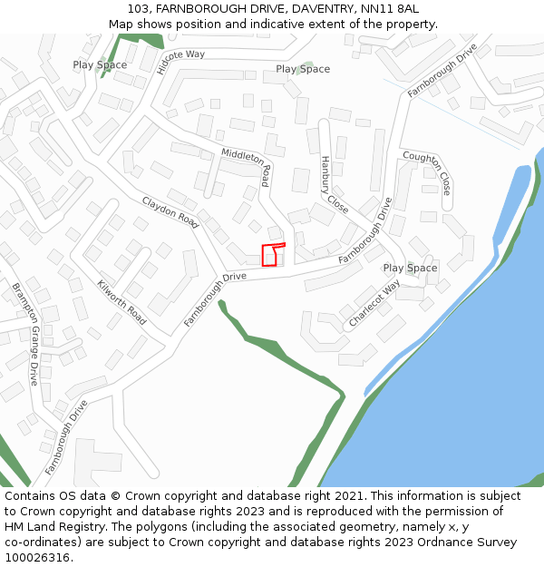 103, FARNBOROUGH DRIVE, DAVENTRY, NN11 8AL: Location map and indicative extent of plot