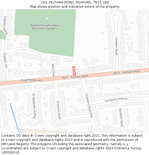 103, FELTHAM ROAD, ASHFORD, TW15 1BS: Location map and indicative extent of plot