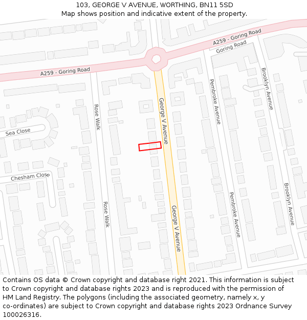 103, GEORGE V AVENUE, WORTHING, BN11 5SD: Location map and indicative extent of plot