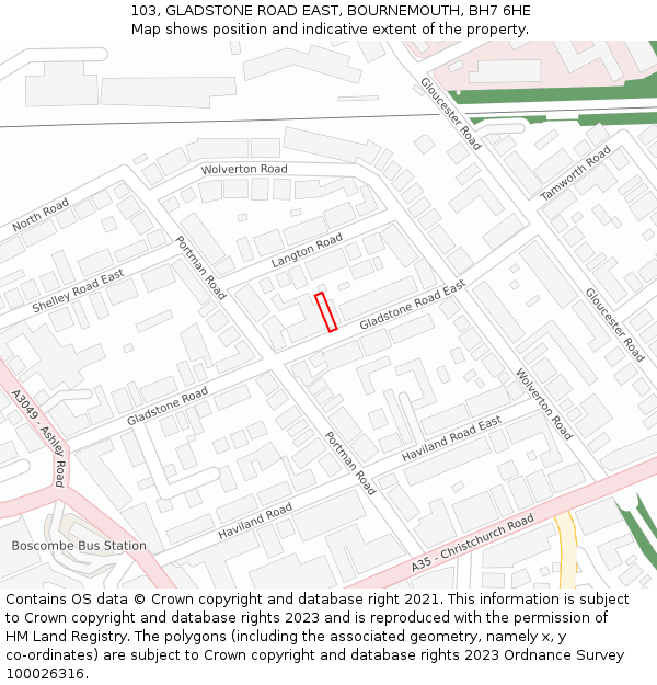 103, GLADSTONE ROAD EAST, BOURNEMOUTH, BH7 6HE: Location map and indicative extent of plot