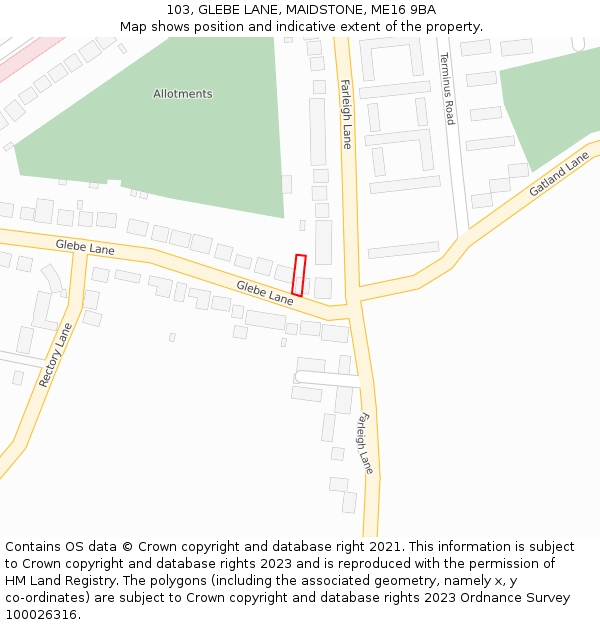 103, GLEBE LANE, MAIDSTONE, ME16 9BA: Location map and indicative extent of plot