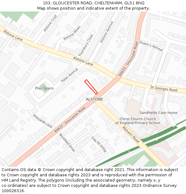 103, GLOUCESTER ROAD, CHELTENHAM, GL51 8NG: Location map and indicative extent of plot