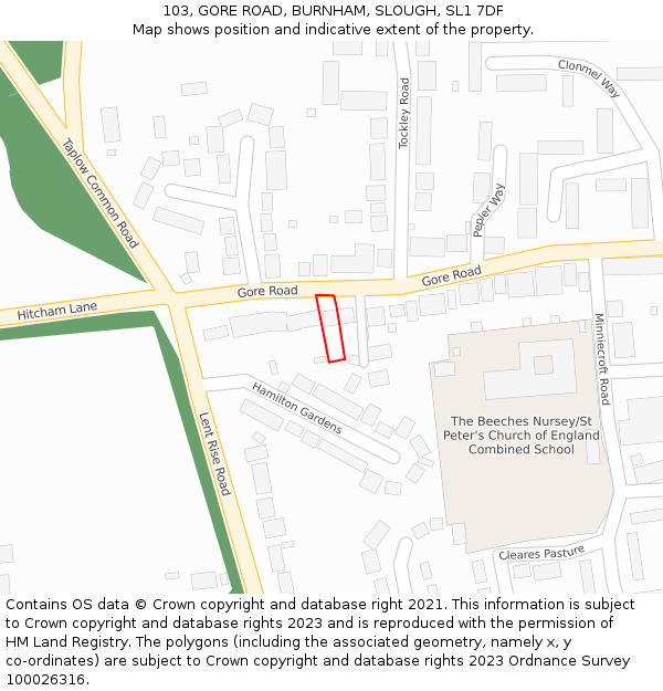 103, GORE ROAD, BURNHAM, SLOUGH, SL1 7DF: Location map and indicative extent of plot