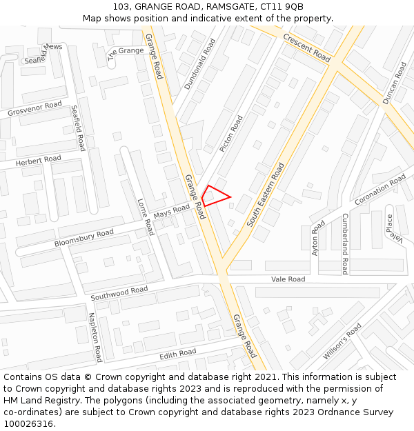 103, GRANGE ROAD, RAMSGATE, CT11 9QB: Location map and indicative extent of plot