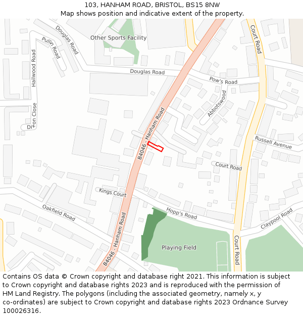 103, HANHAM ROAD, BRISTOL, BS15 8NW: Location map and indicative extent of plot