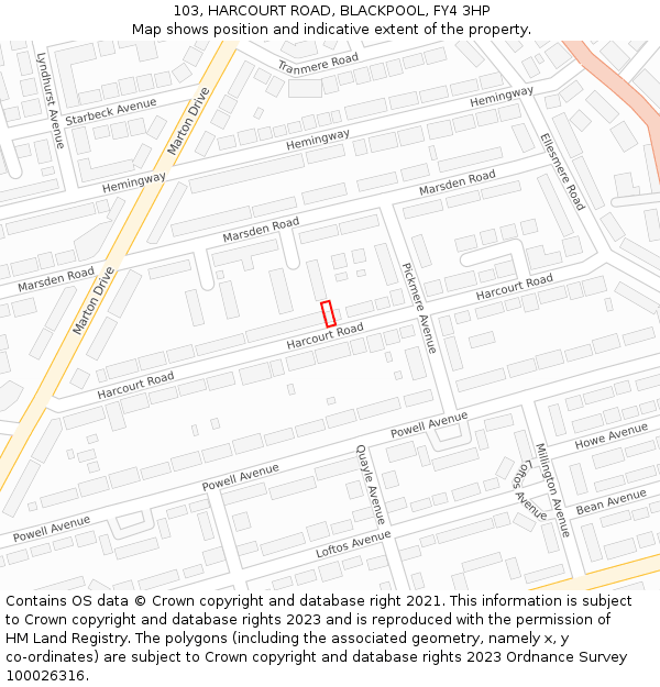 103, HARCOURT ROAD, BLACKPOOL, FY4 3HP: Location map and indicative extent of plot