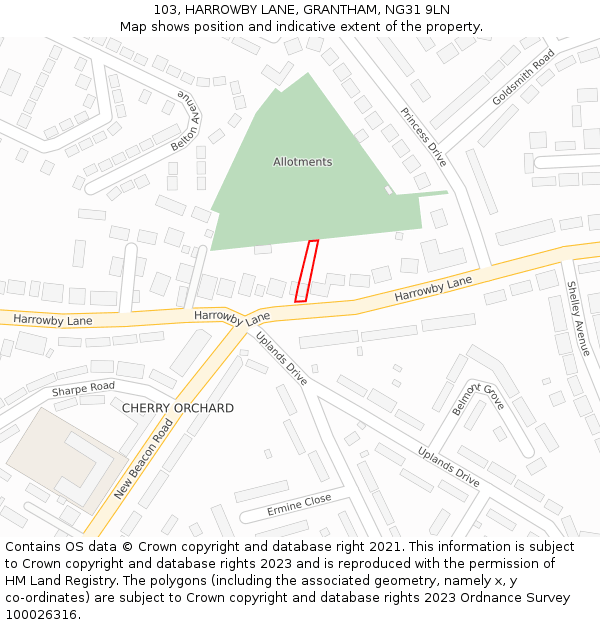 103, HARROWBY LANE, GRANTHAM, NG31 9LN: Location map and indicative extent of plot