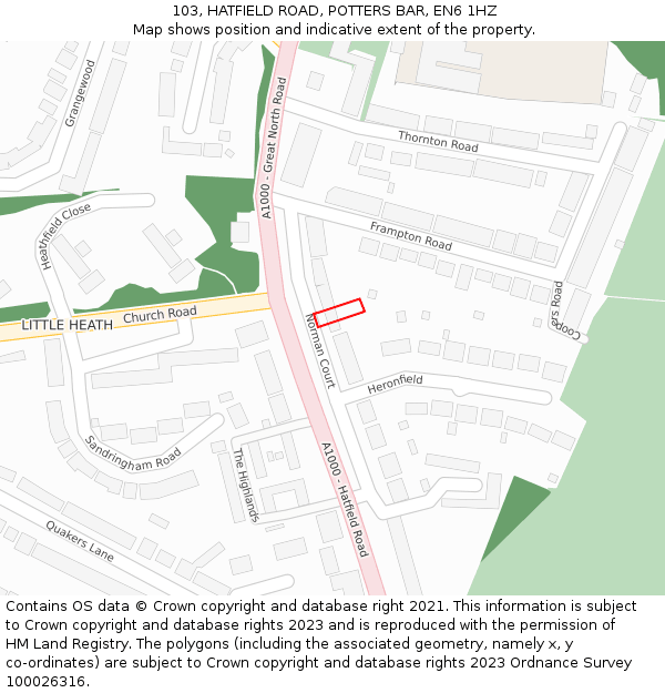 103, HATFIELD ROAD, POTTERS BAR, EN6 1HZ: Location map and indicative extent of plot