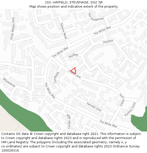 103, HAYFIELD, STEVENAGE, SG2 7JR: Location map and indicative extent of plot