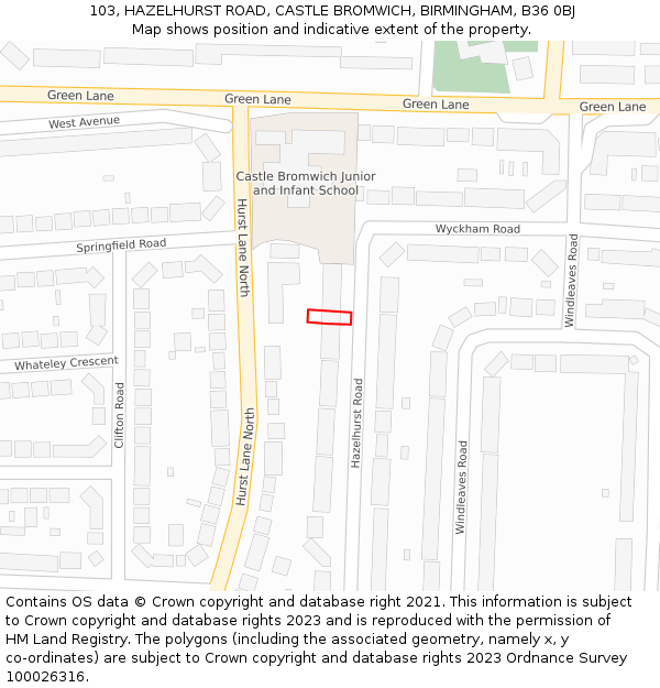 103, HAZELHURST ROAD, CASTLE BROMWICH, BIRMINGHAM, B36 0BJ: Location map and indicative extent of plot