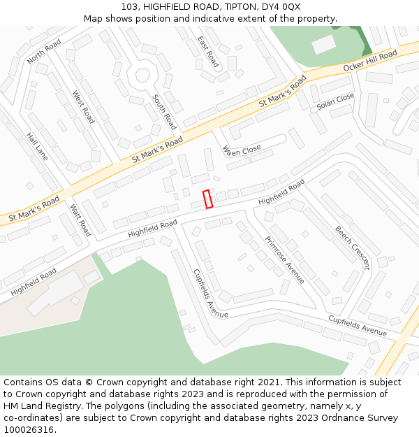 103, HIGHFIELD ROAD, TIPTON, DY4 0QX: Location map and indicative extent of plot