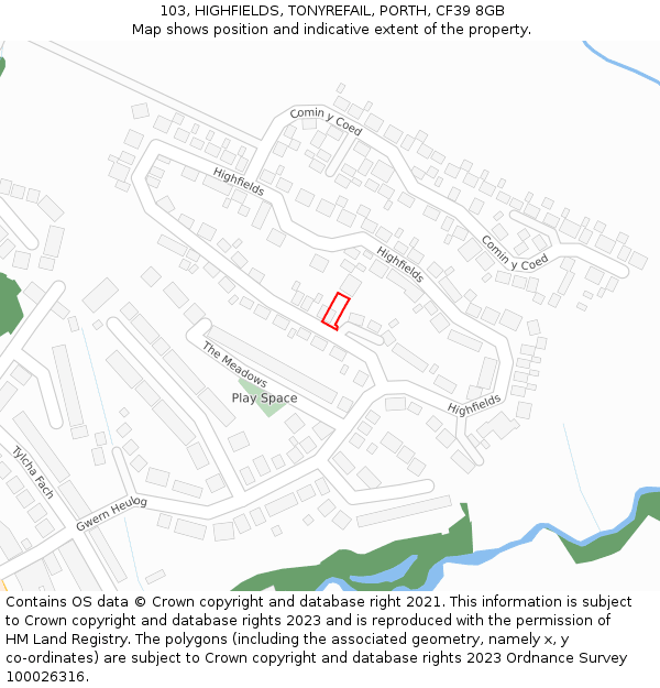 103, HIGHFIELDS, TONYREFAIL, PORTH, CF39 8GB: Location map and indicative extent of plot