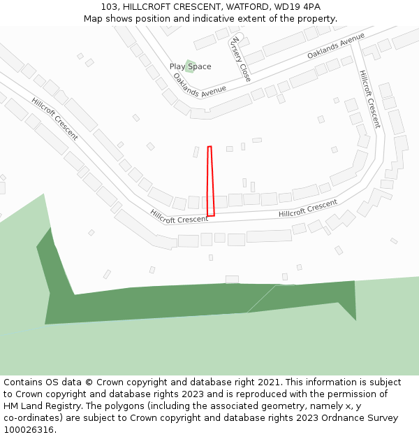 103, HILLCROFT CRESCENT, WATFORD, WD19 4PA: Location map and indicative extent of plot