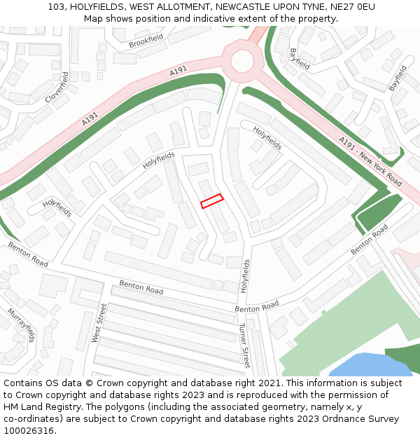 103, HOLYFIELDS, WEST ALLOTMENT, NEWCASTLE UPON TYNE, NE27 0EU: Location map and indicative extent of plot