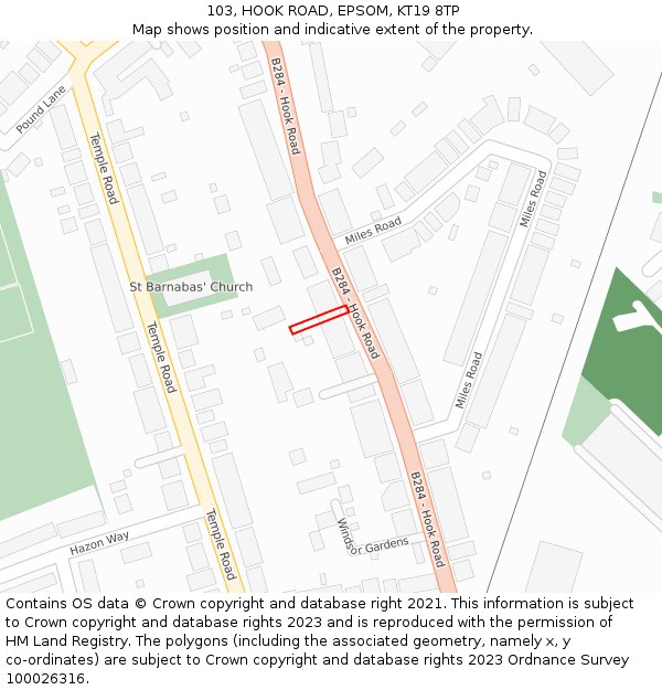 103, HOOK ROAD, EPSOM, KT19 8TP: Location map and indicative extent of plot