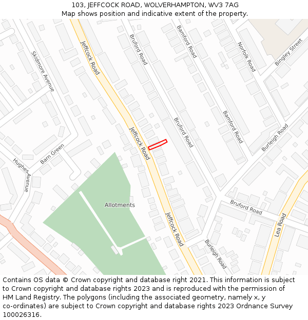 103, JEFFCOCK ROAD, WOLVERHAMPTON, WV3 7AG: Location map and indicative extent of plot